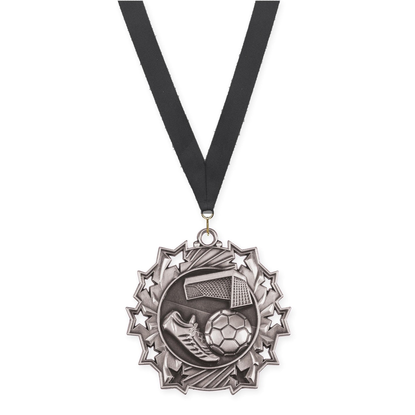 2 1/4 inch soccer Ten Star medal in antique silver with Black neck ribbon