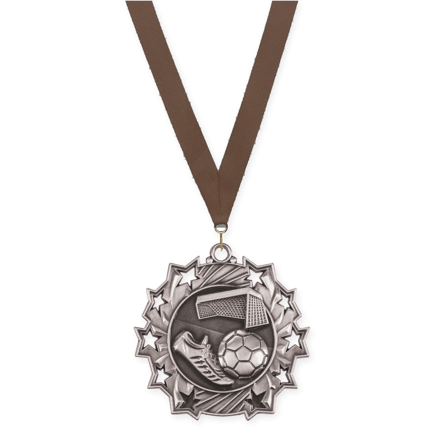 2 1/4 inch soccer Ten Star medal in antique silver with Brown neck ribbon