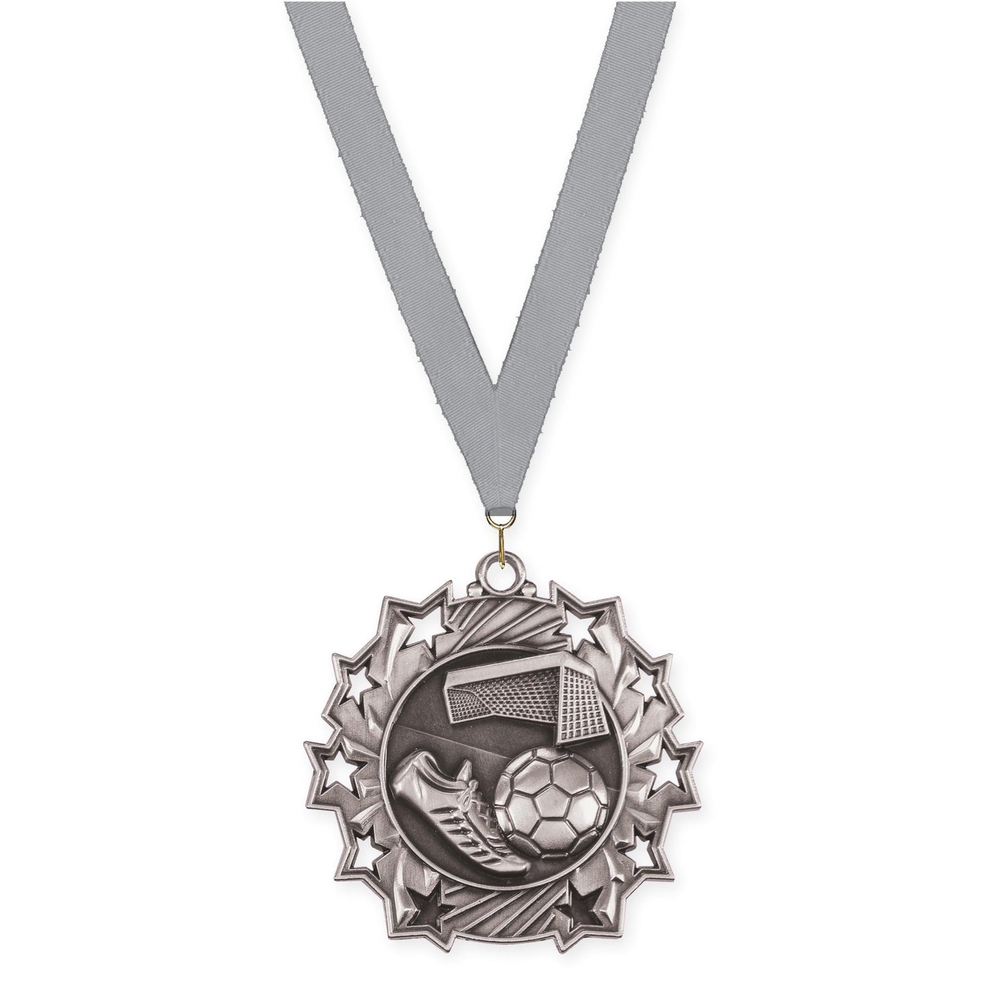 2 1/4 inch soccer Ten Star medal in antique silver with Gray neck ribbon
