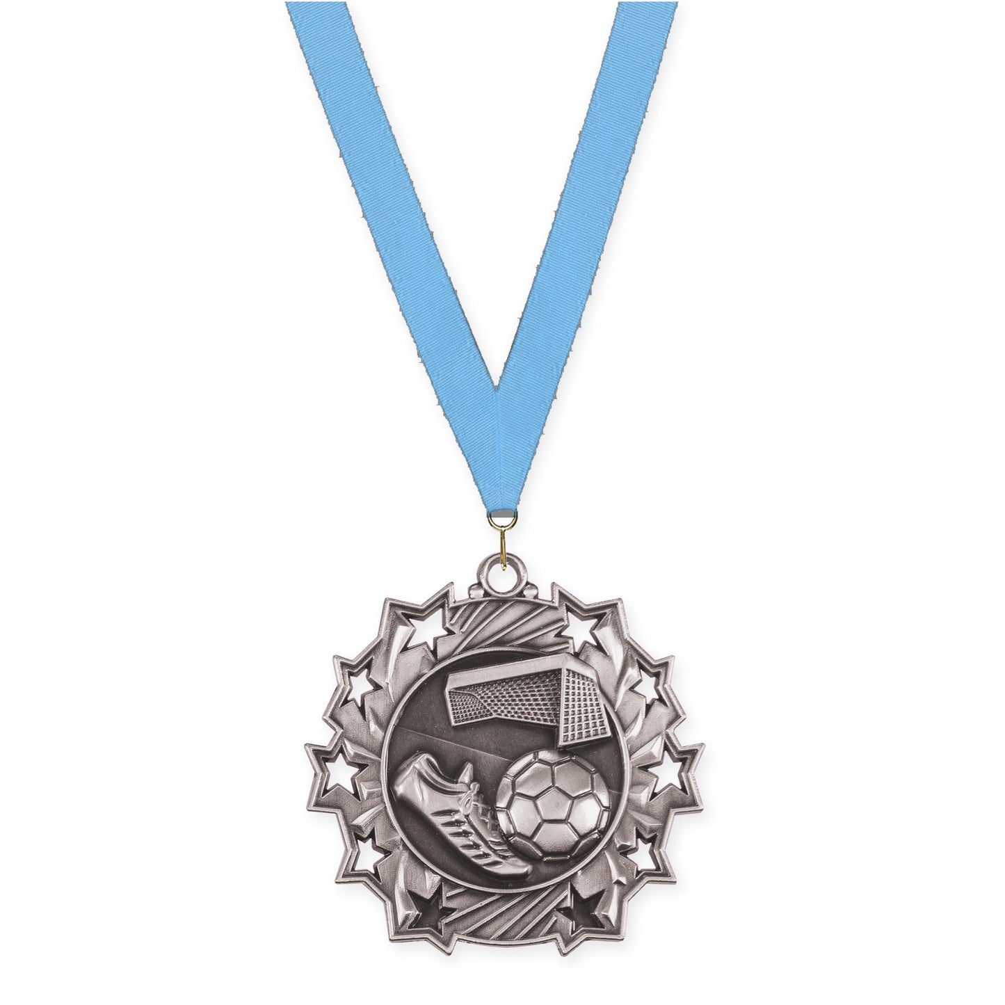 2 1/4 inch soccer Ten Star medal in antique silver with Light Blue neck ribbon