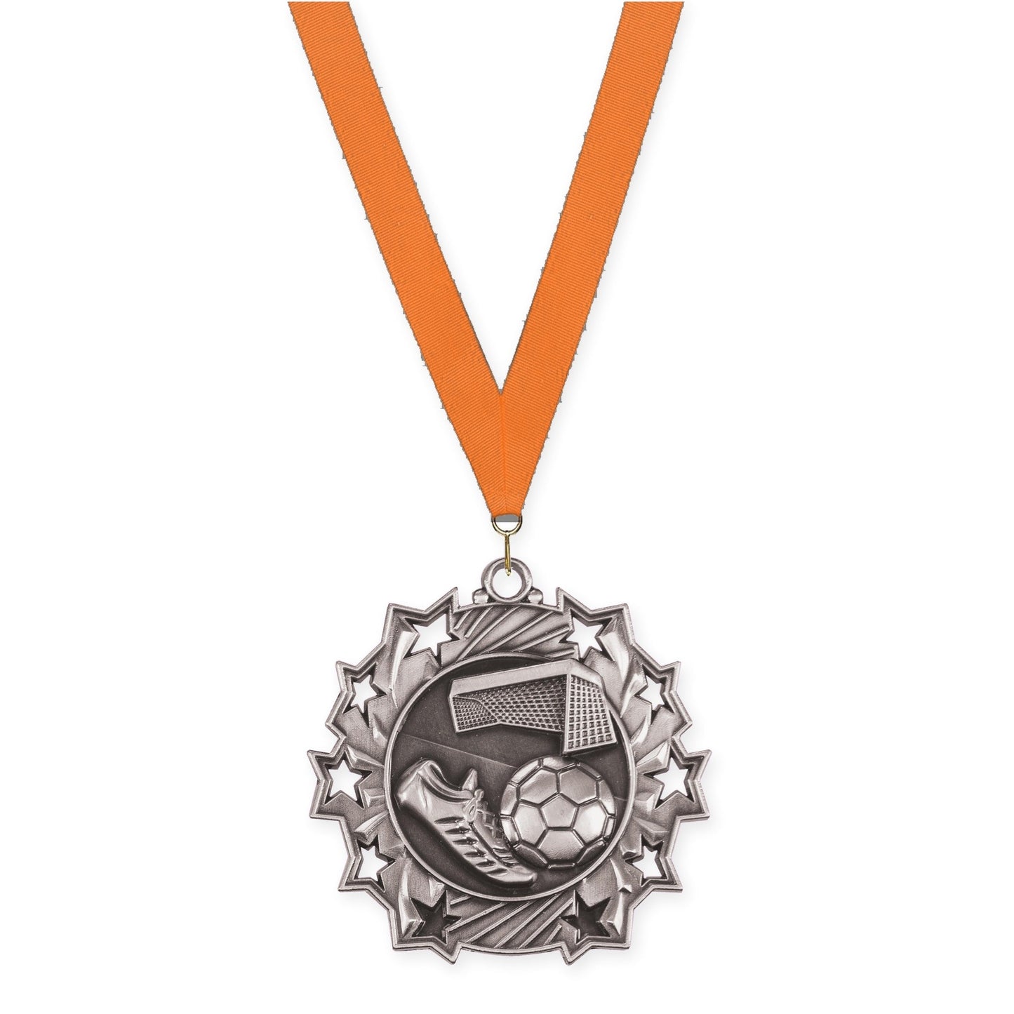 2 1/4 inch soccer Ten Star medal in antique silver with Orange neck ribbon
