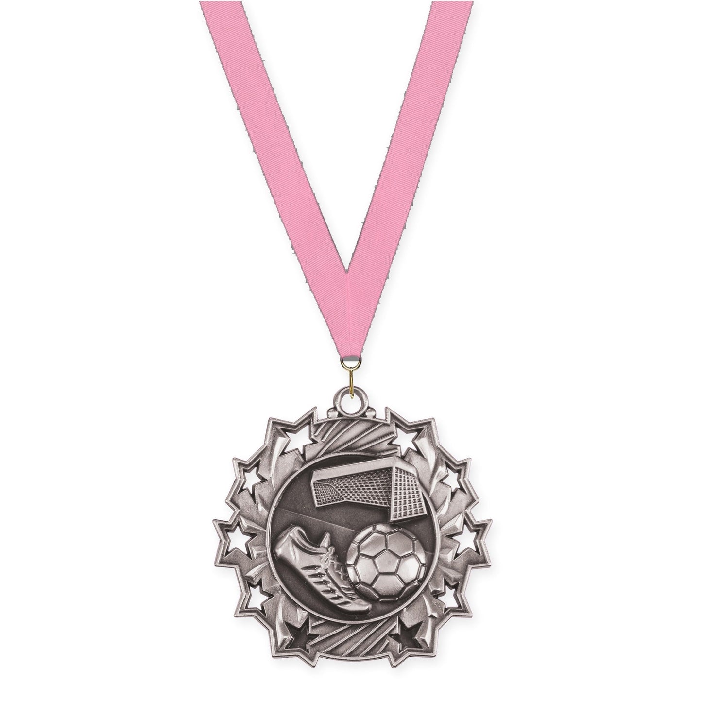 2 1/4 inch soccer Ten Star medal in antique silver with Pink neck ribbon