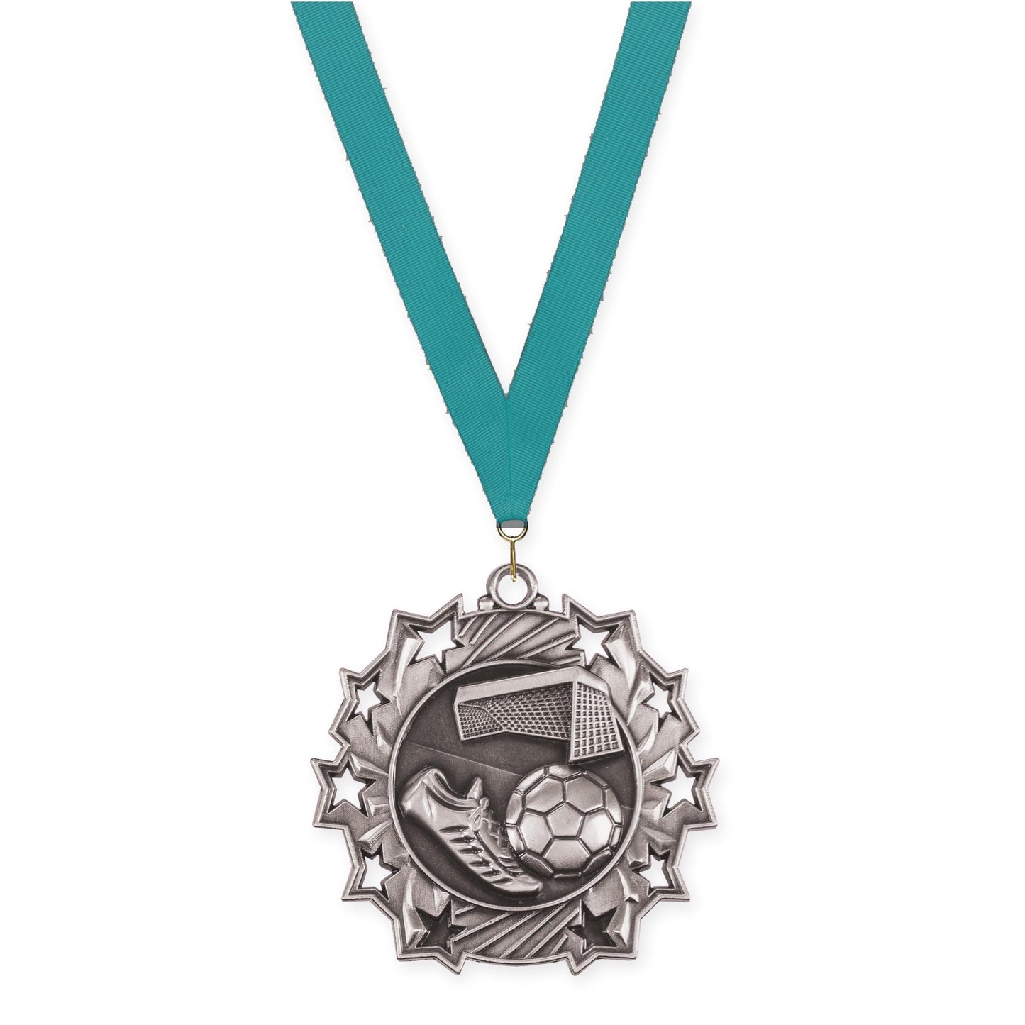 2 1/4 inch soccer Ten Star medal in antique silver with Teal neck ribbon