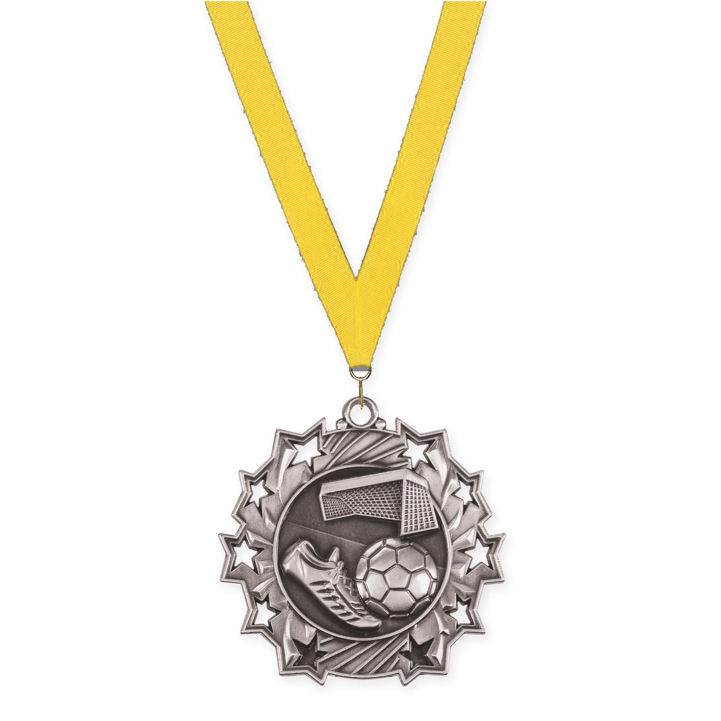 2 1/4 inch soccer Ten Star medal in antique silver with Yellow neck ribbon