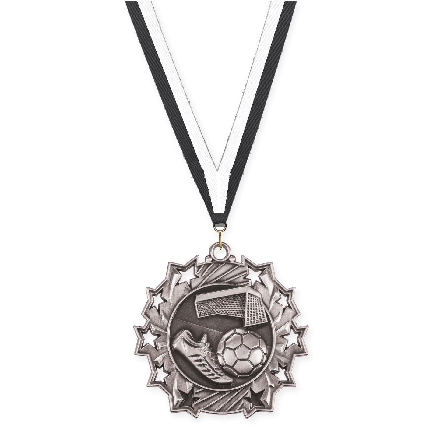 2 1/4 inch soccer Ten Star medal in antique silver with Black White neck ribbon