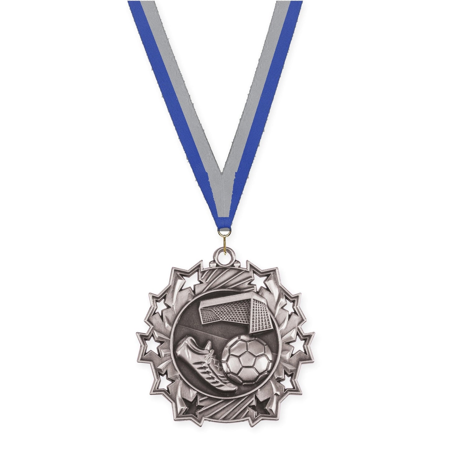 2 1/4 inch soccer Ten Star medal in antique silver with Blue Gray neck ribbon