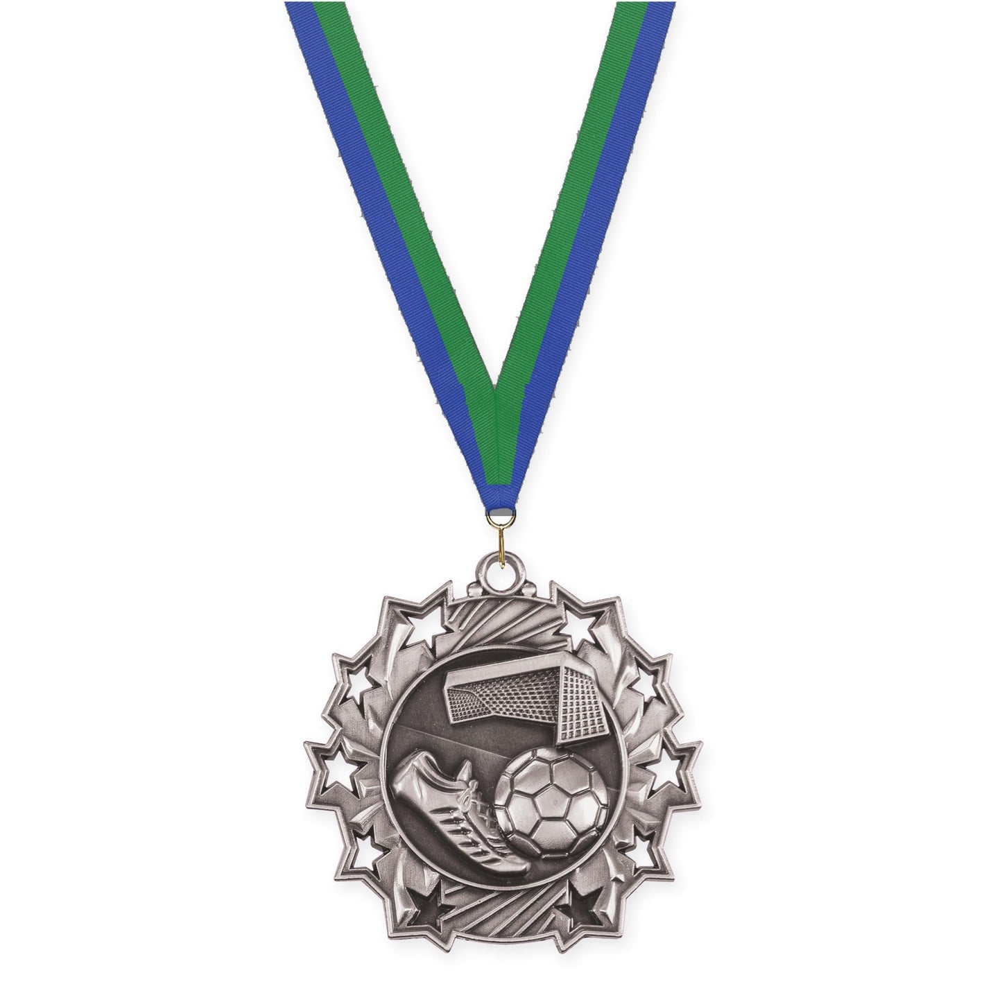 2 1/4 inch soccer Ten Star medal in antique silver with Blue Green neck ribbon