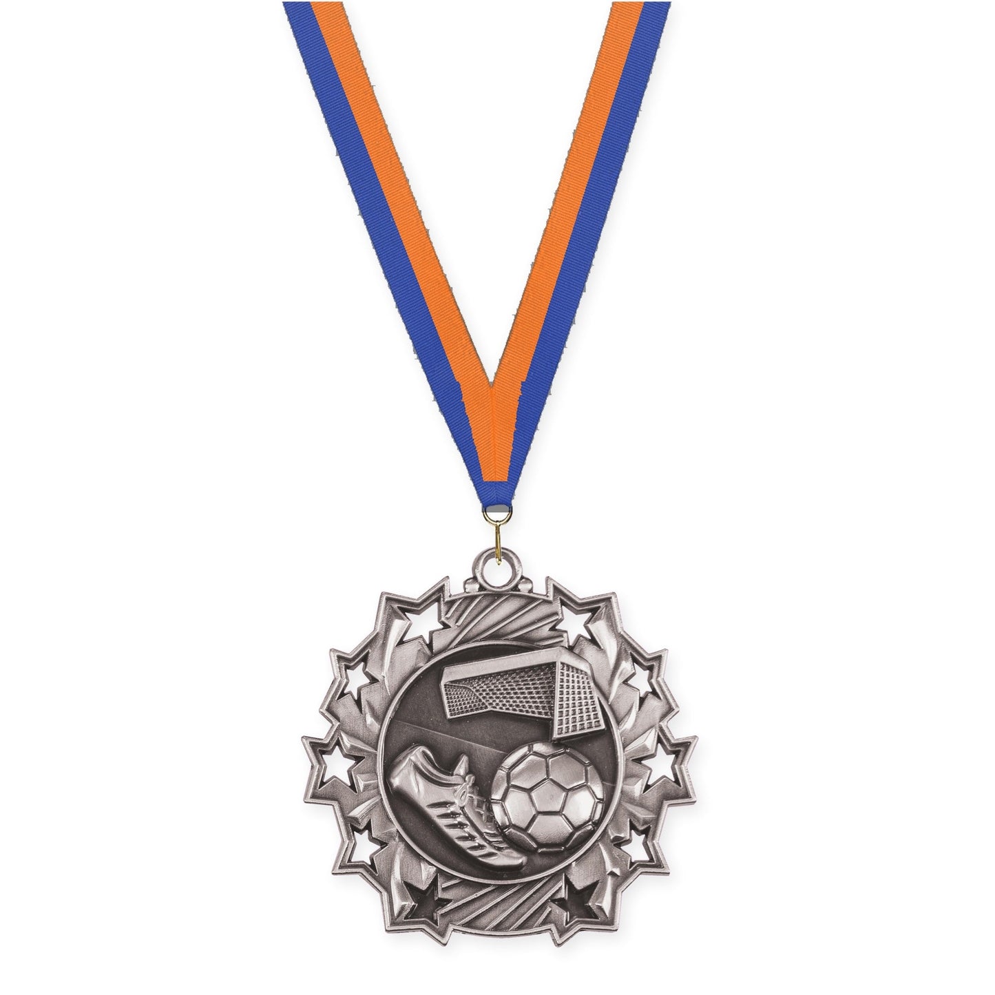 2 1/4 inch soccer Ten Star medal in antique silver with Blue Orange neck ribbon