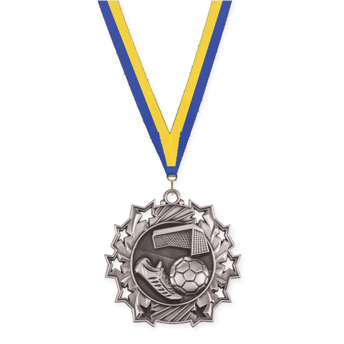 2 1/4 inch soccer Ten Star medal in antique silver with Blue Yellow neck ribbon