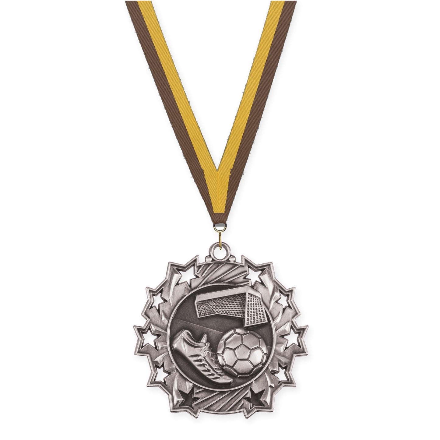 2 1/4 inch soccer Ten Star medal in antique silver with Brown Gold neck ribbon