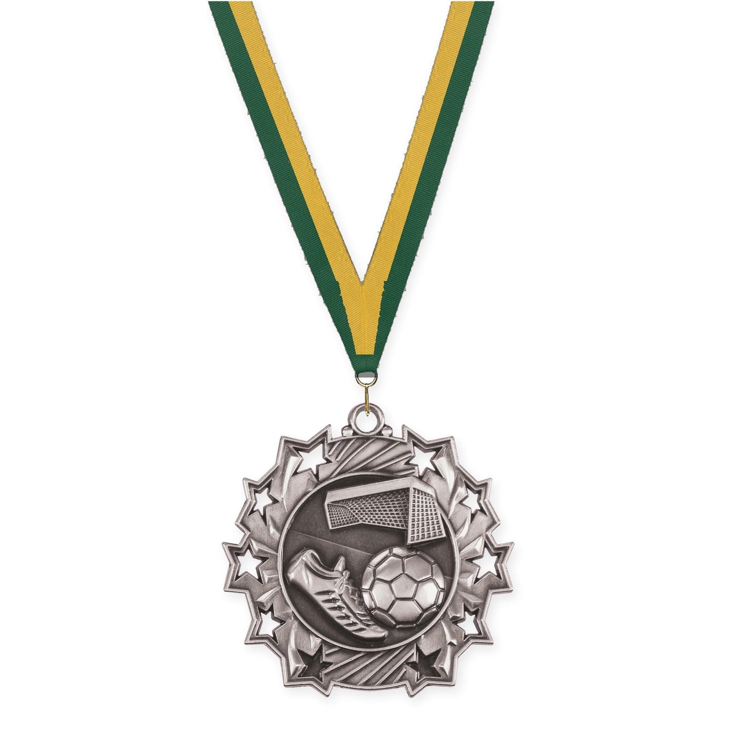 2 1/4 inch soccer Ten Star medal in antique silver with Hunter Green Gold neck ribbon