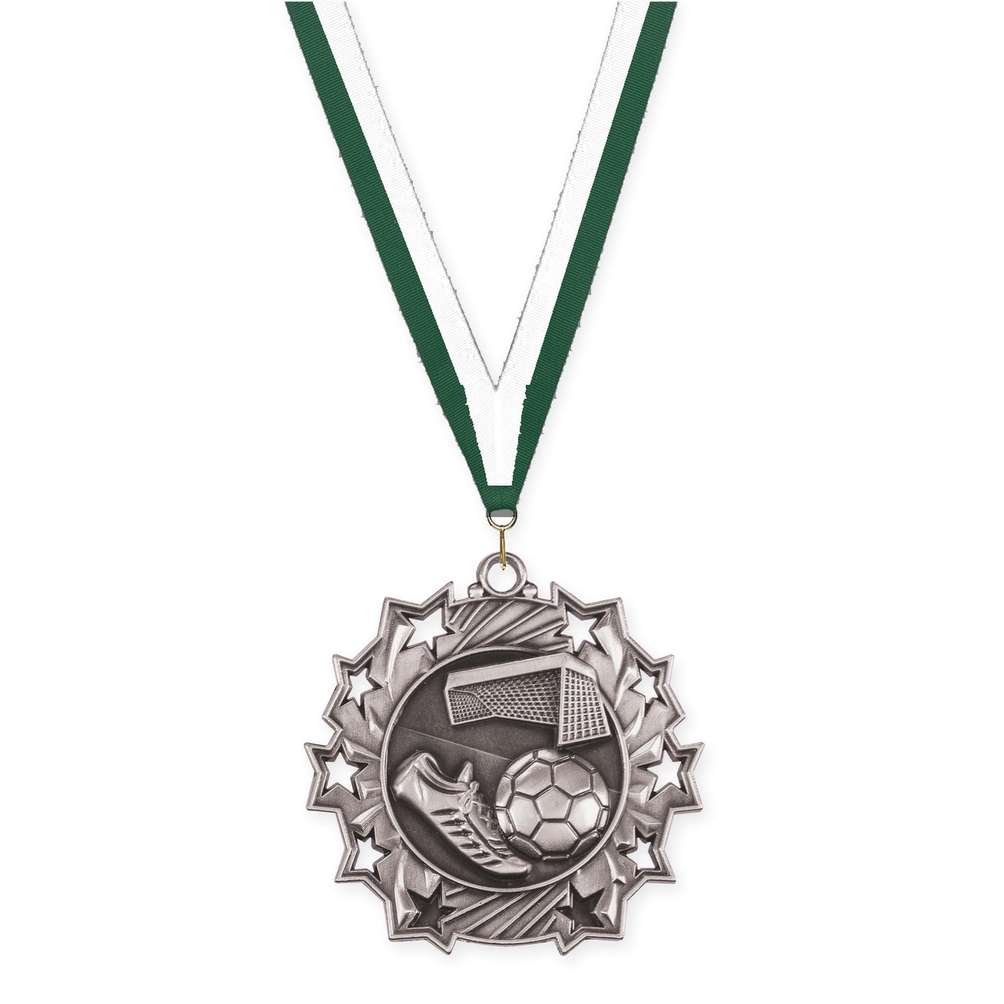 2 1/4 inch soccer Ten Star medal in antique silver with Hunter Green White neck ribbon