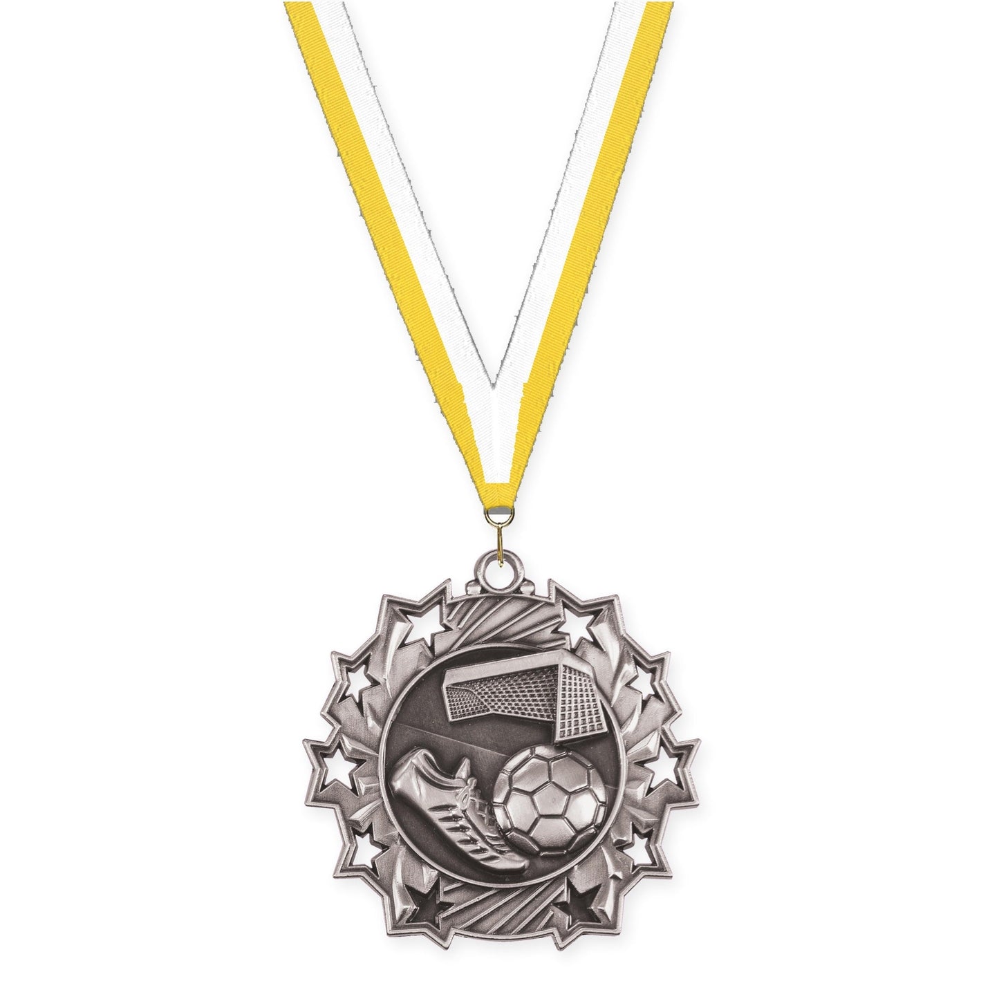 2 1/4 inch soccer Ten Star medal in antique silver with Yellow White neck ribbon