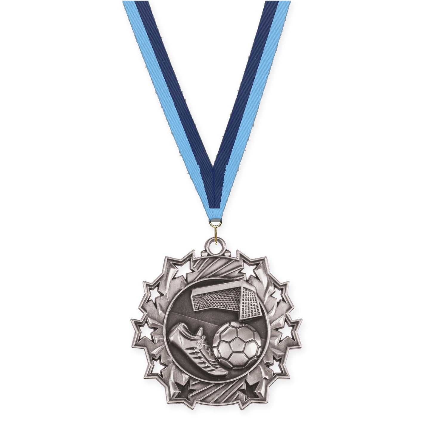 2 1/4 inch soccer Ten Star medal in antique silver with Light Blue Navy neck ribbon
