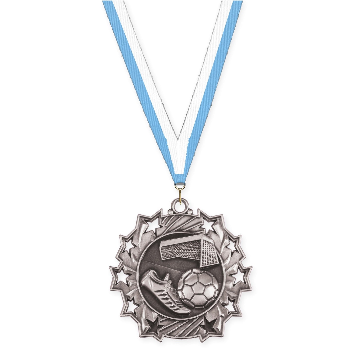 2 1/4 inch soccer Ten Star medal in antique silver with Light Blue White neck ribbon
