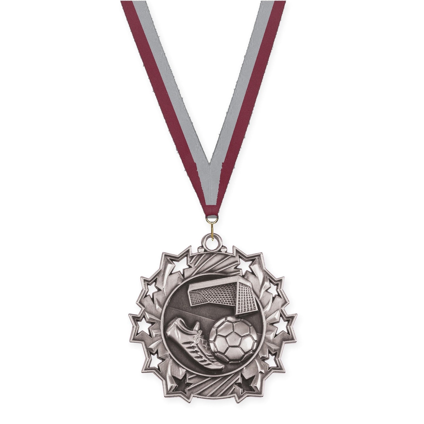 2 1/4 inch soccer Ten Star medal in antique silver with Maroon Gray neck ribbon