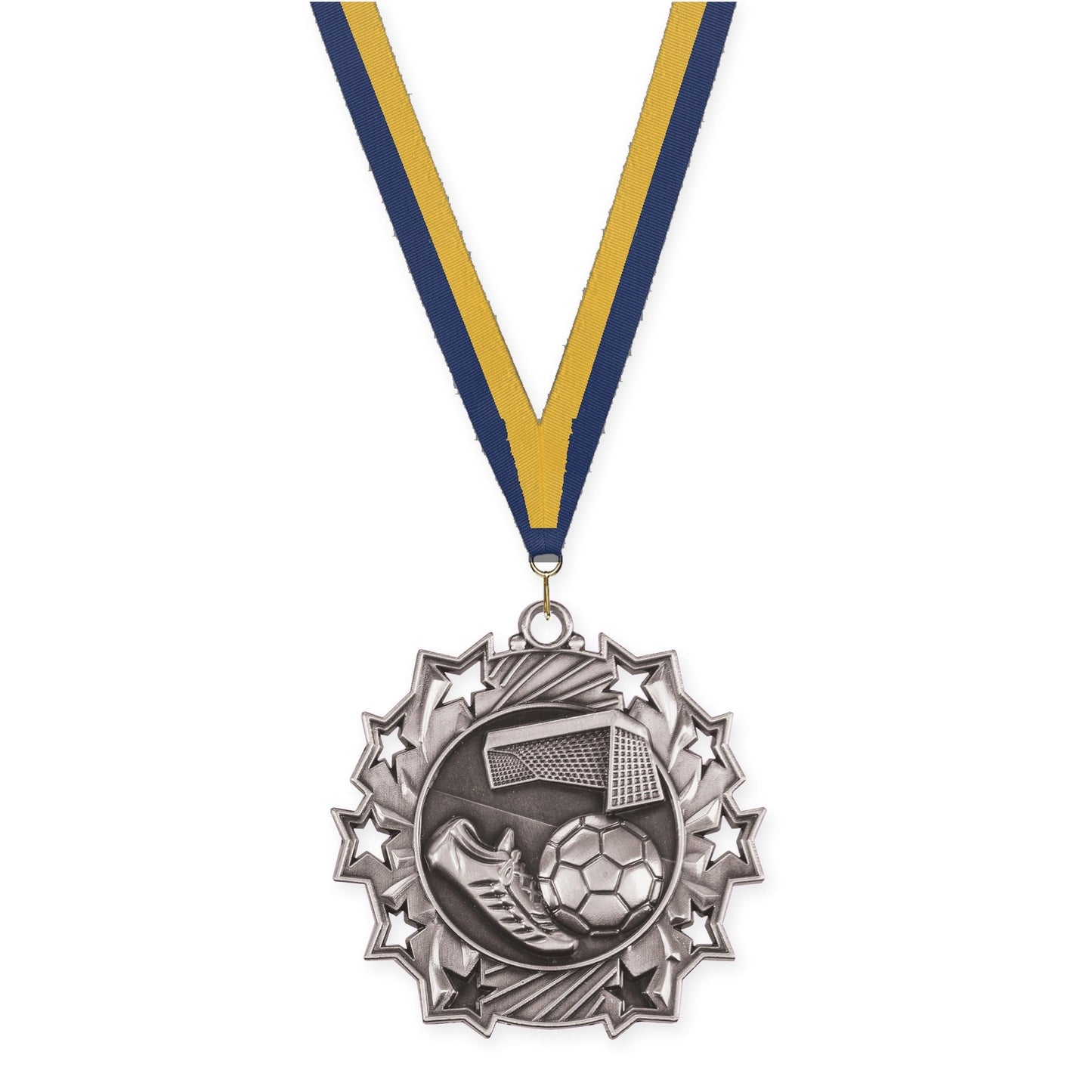 2 1/4 inch soccer Ten Star medal in antique silver with Navy Gold neck ribbon