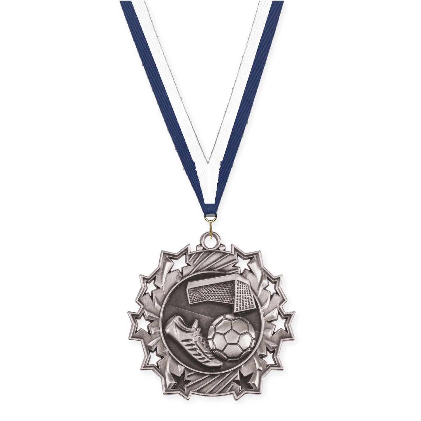 2 1/4 inch soccer Ten Star medal in antique silver with Navy White neck ribbon