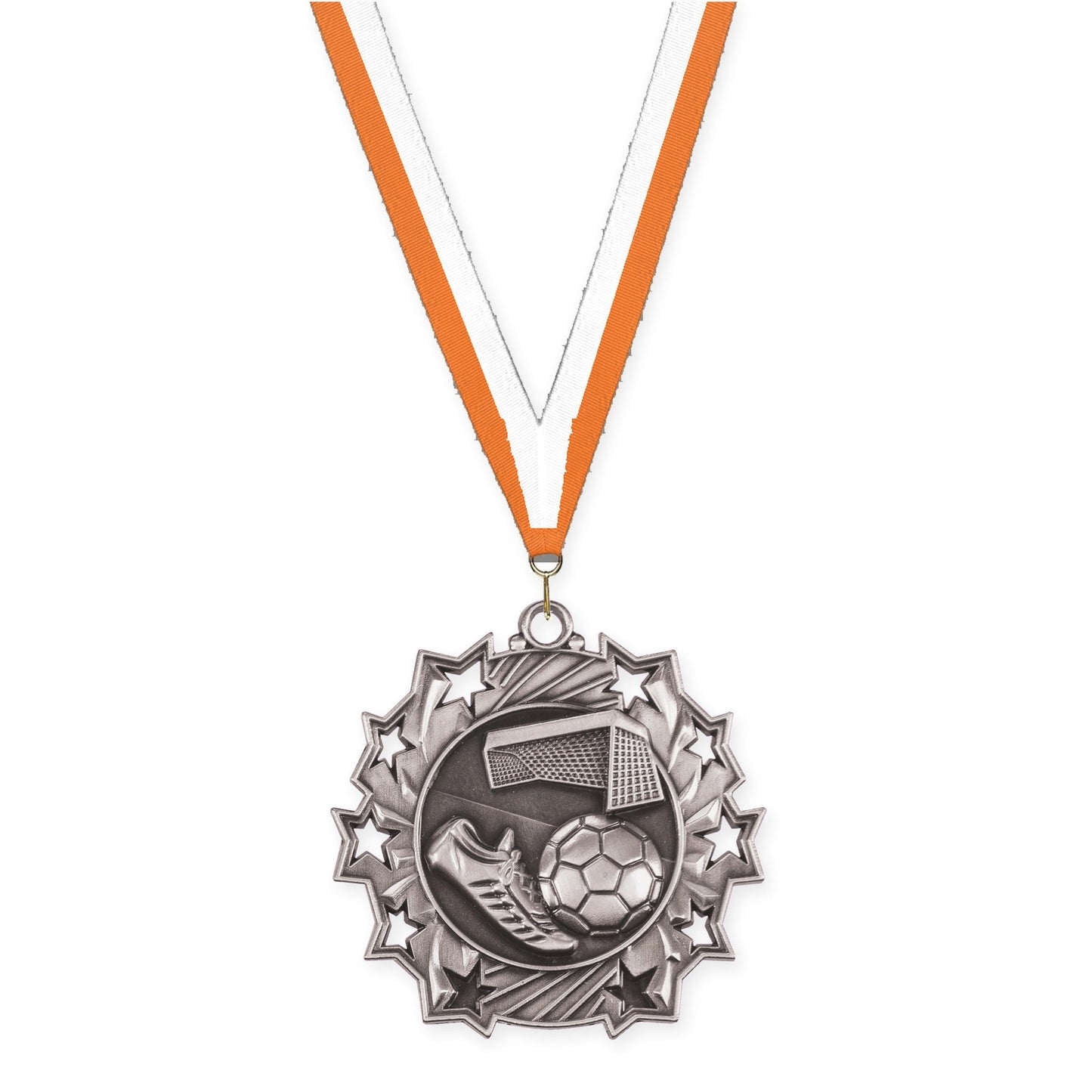 2 1/4 inch soccer Ten Star medal in antique silver with Orange White neck ribbon
