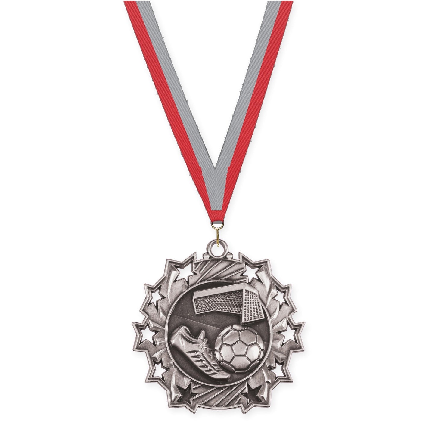 2 1/4 inch soccer Ten Star medal in antique silver with Red Gray neck ribbon