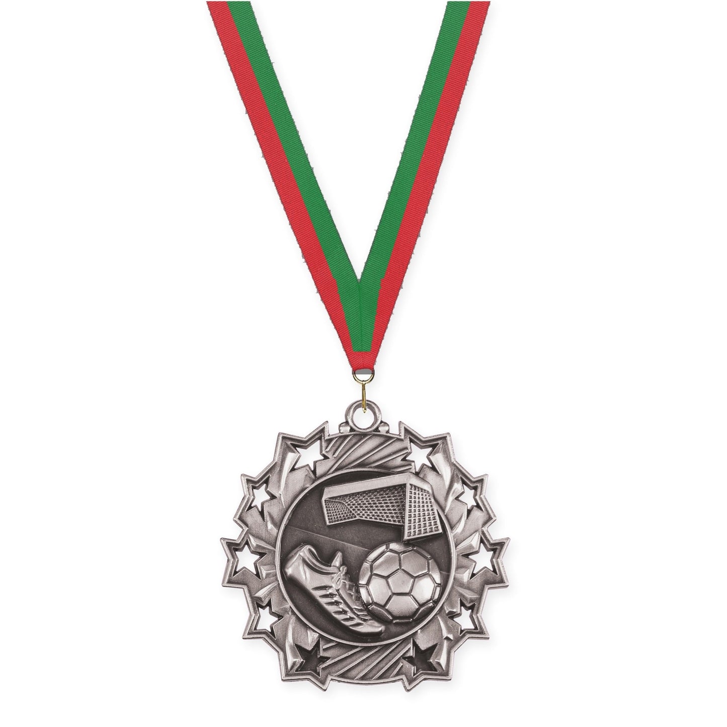 2 1/4 inch soccer Ten Star medal in antique silver with Red Green neck ribbon