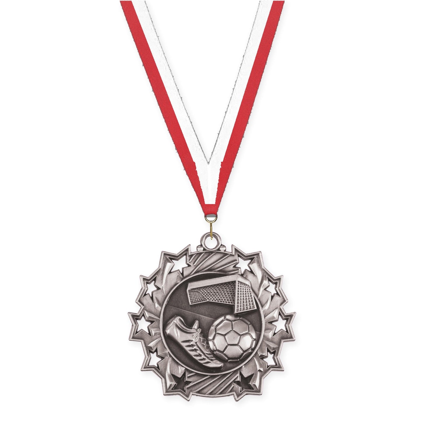2 1/4 inch soccer Ten Star medal in antique silver with Red White neck ribbon