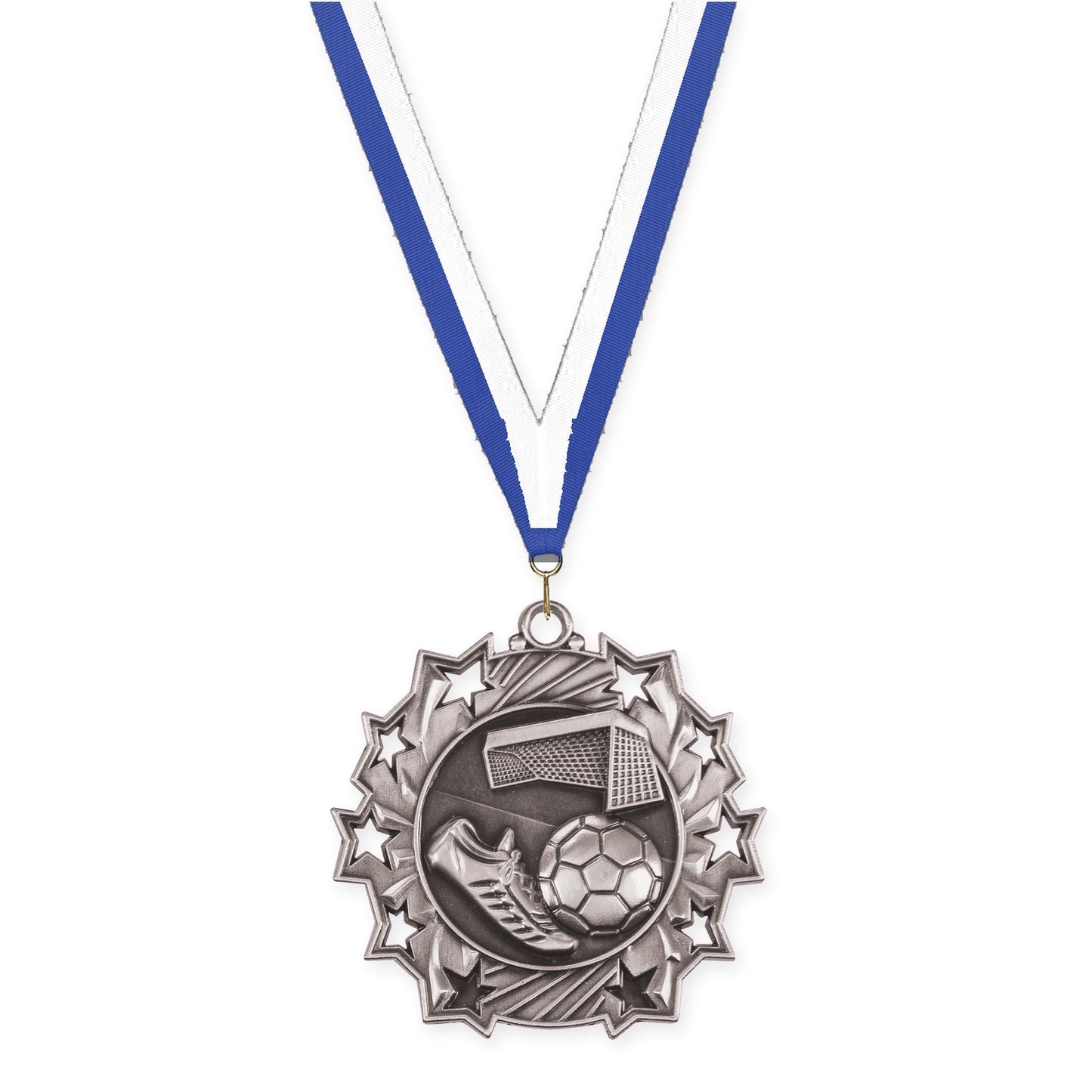 2 1/4 inch soccer Ten Star medal in antique silver with Blue White neck ribbon