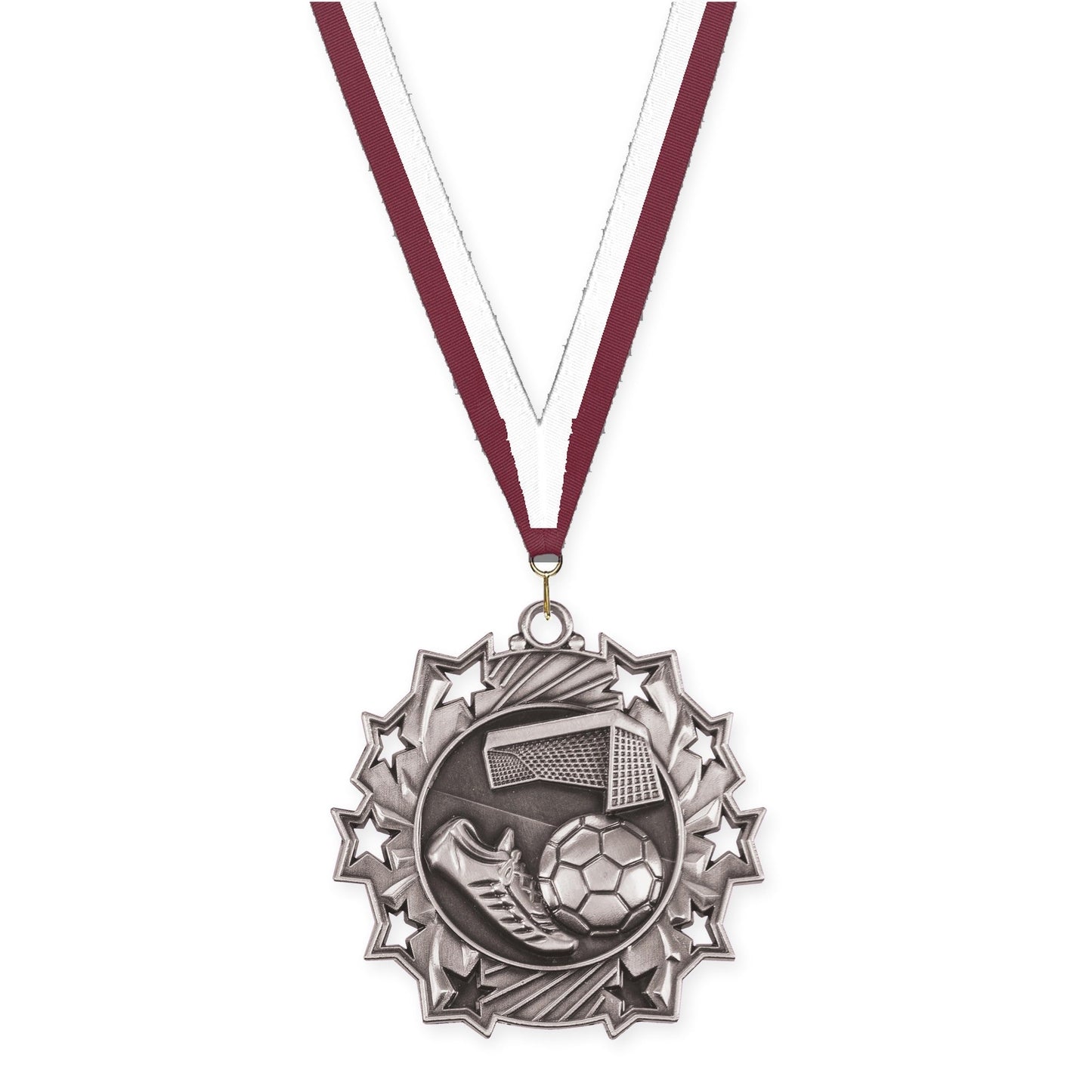 2 1/4 inch soccer Ten Star medal in antique silver with Maroon White neck ribbon
