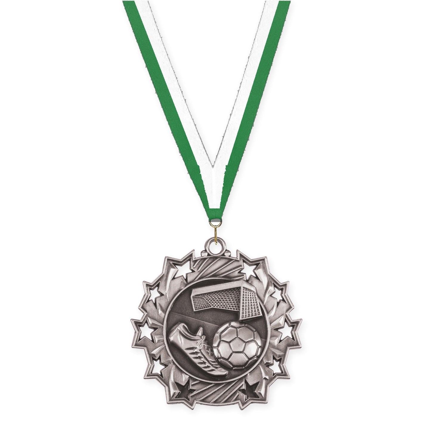 2 1/4 inch soccer Ten Star medal in antique silver with Green White neck ribbon