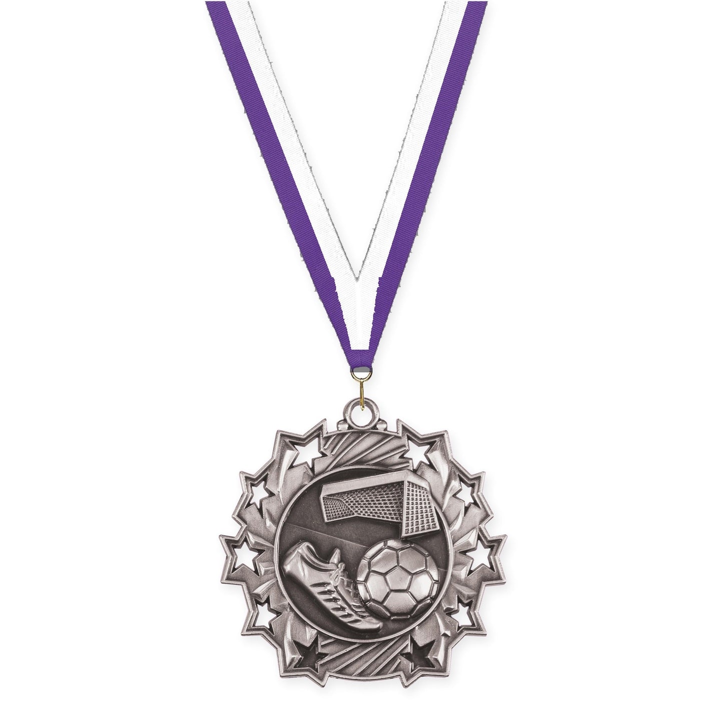 2 1/4 inch soccer Ten Star medal in antique silver with Purple White neck ribbon