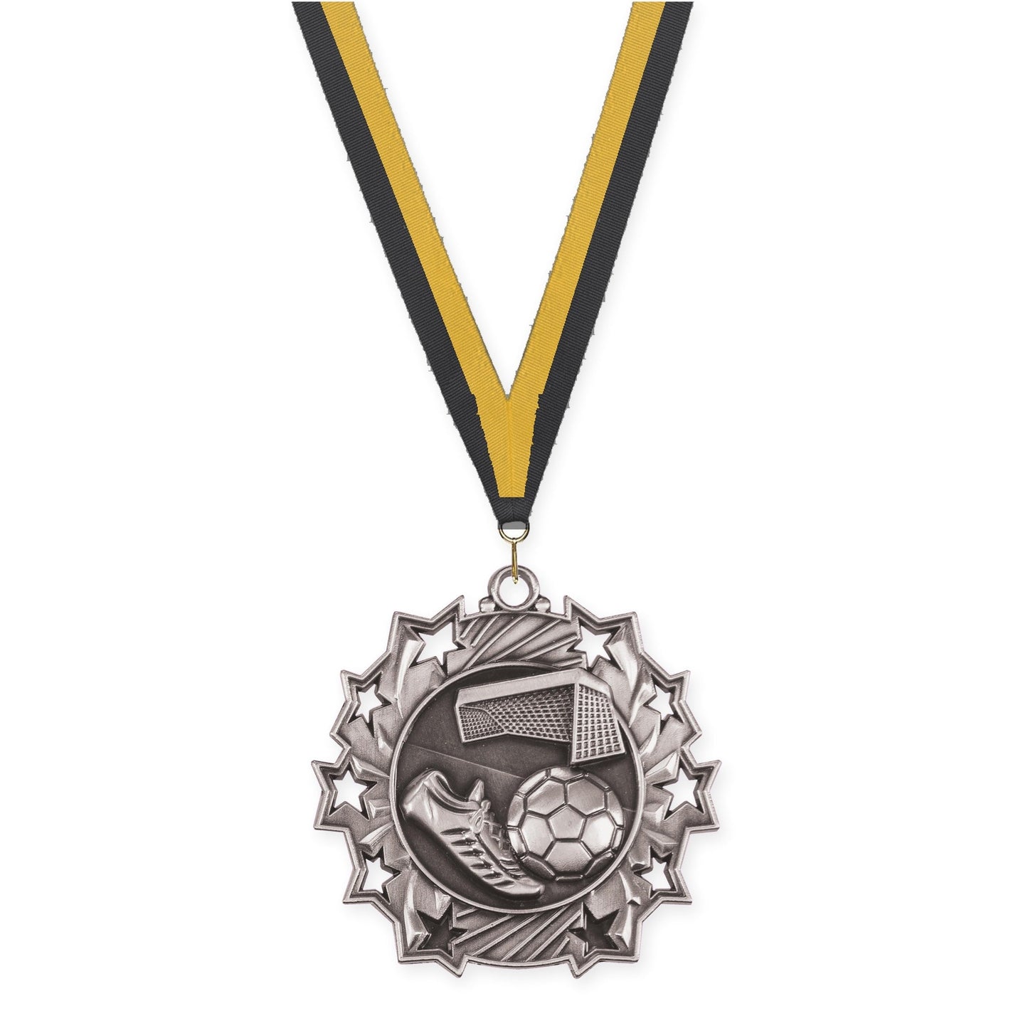 2 1/4 inch soccer Ten Star medal in antique silver with Black Gold neck ribbon