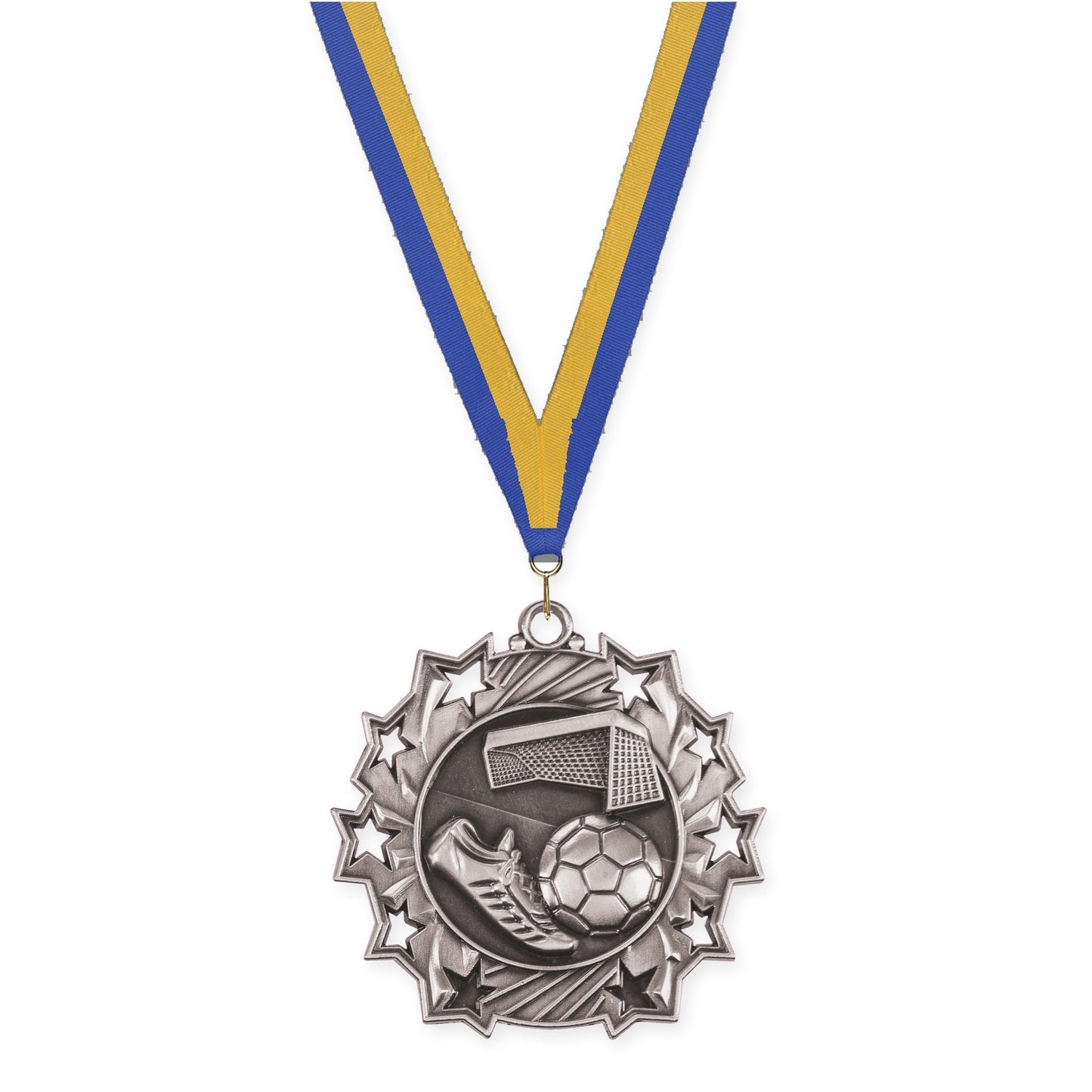 2 1/4 inch soccer Ten Star medal in antique silver with Blue Gold neck ribbon