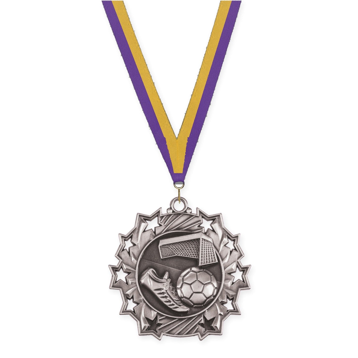 2 1/4 inch soccer Ten Star medal in antique silver with Purple Gold neck ribbon