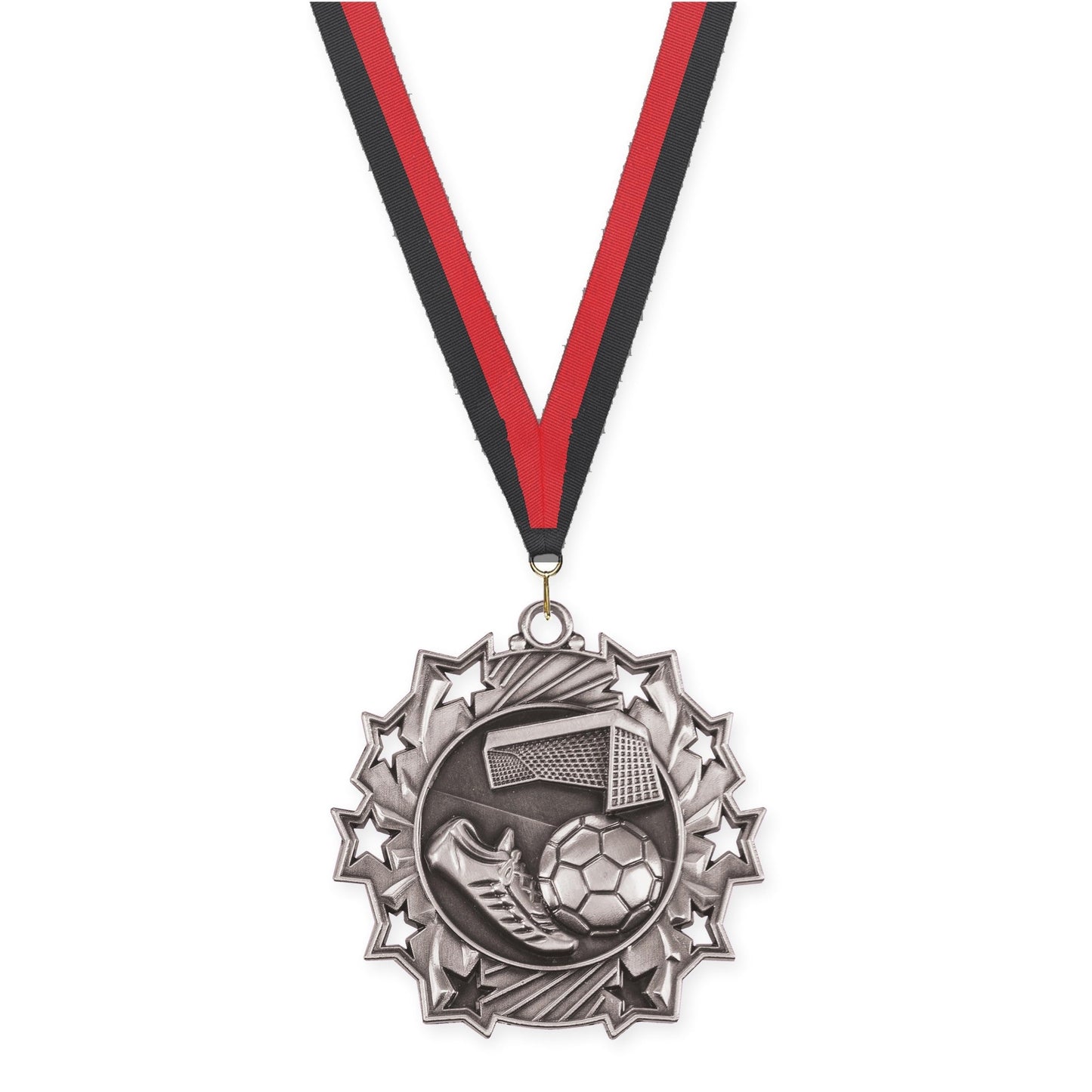 2 1/4 inch soccer Ten Star medal in antique silver with Black Red neck ribbon