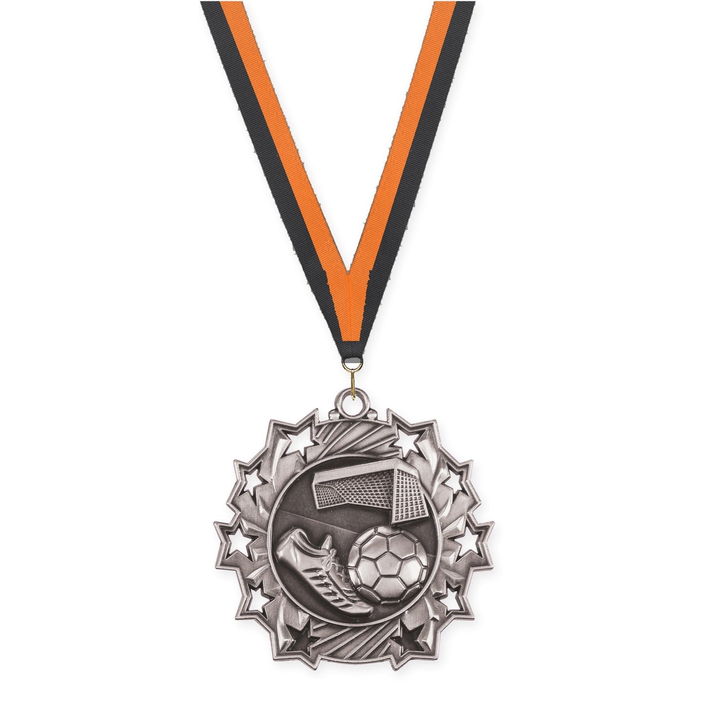 2 1/4 inch soccer Ten Star medal in antique silver with Black Orange neck ribbon