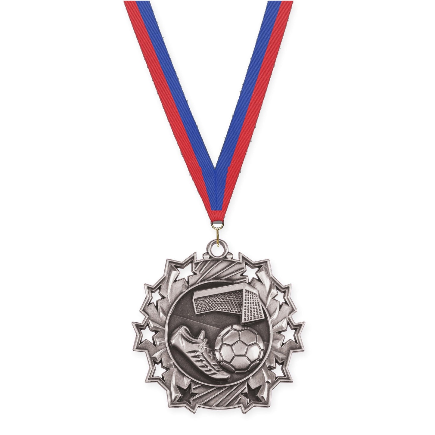 2 1/4 inch soccer Ten Star medal in antique silver with Blue Red neck ribbon