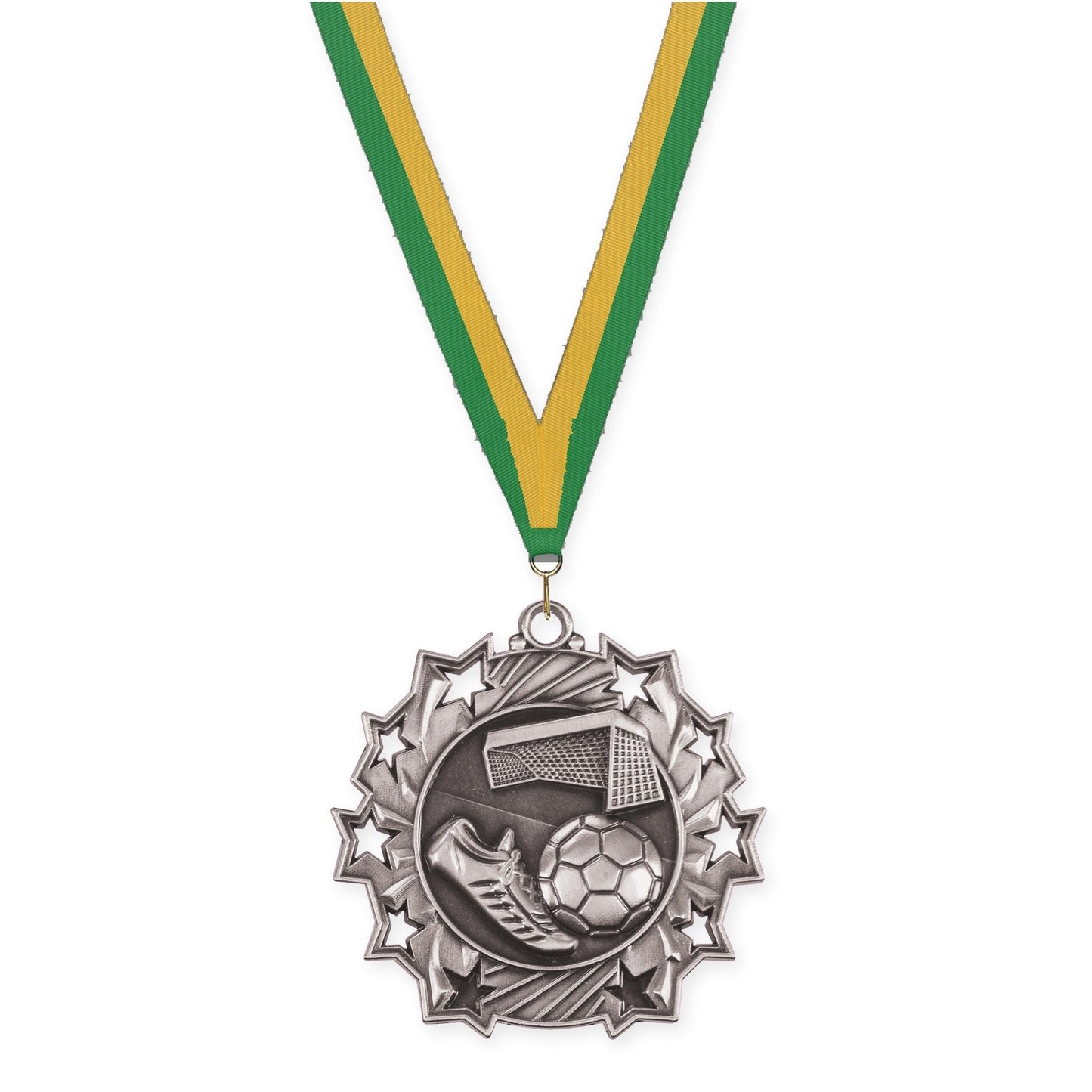 2 1/4 inch soccer Ten Star medal in antique silver with Green Gold neck ribbon