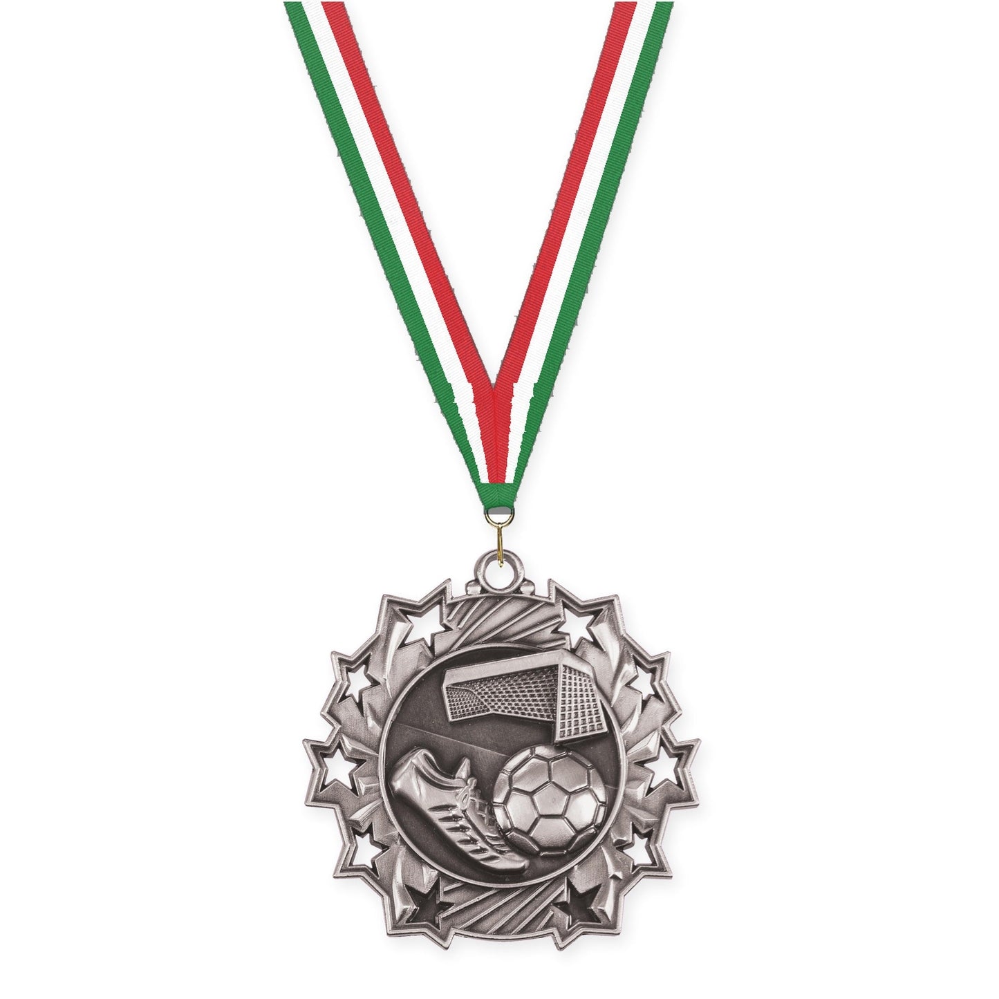 2 1/4 inch soccer Ten Star medal in antique silver with Green White Red neck ribbon