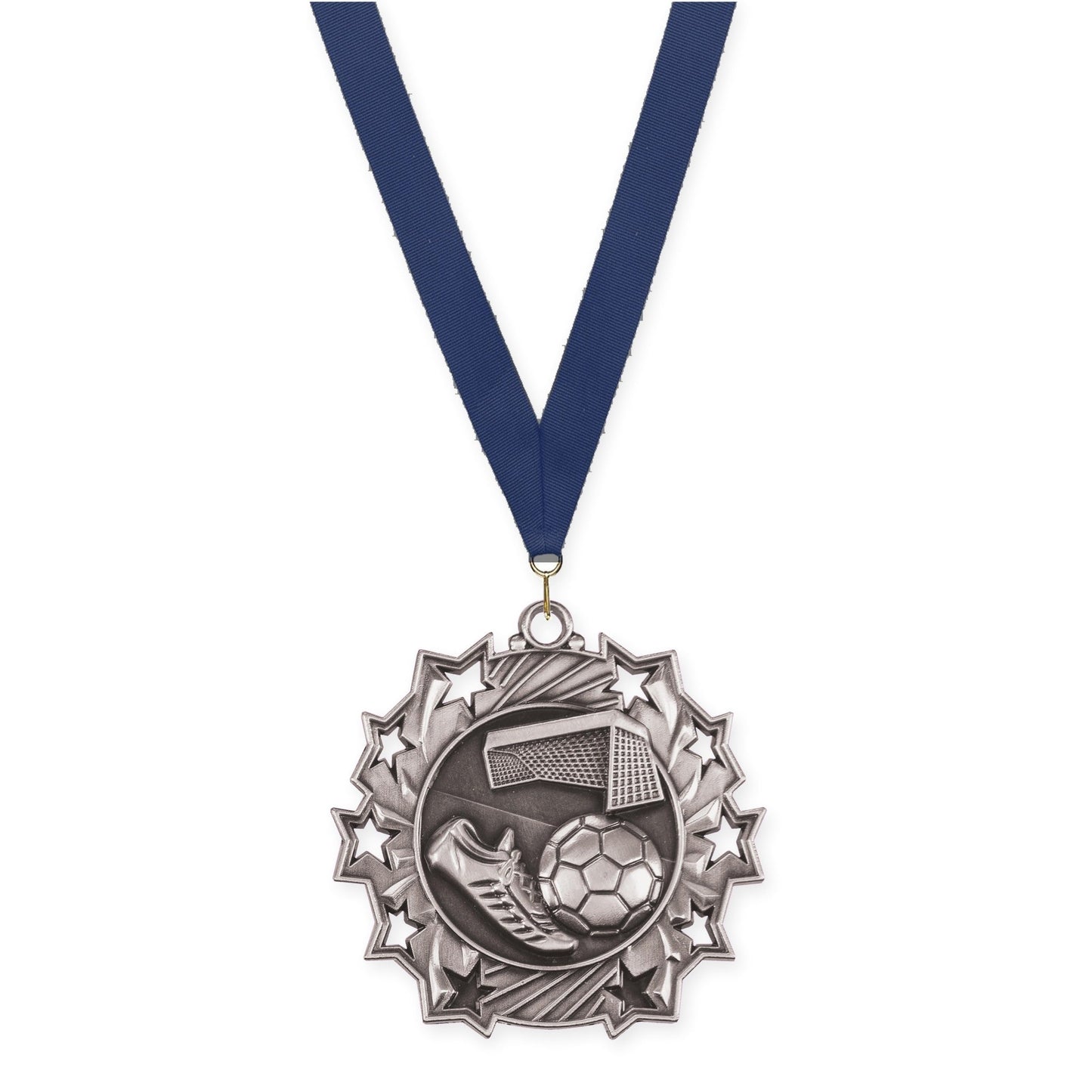 2 1/4 inch soccer Ten Star medal in antique silver with Navy neck ribbon