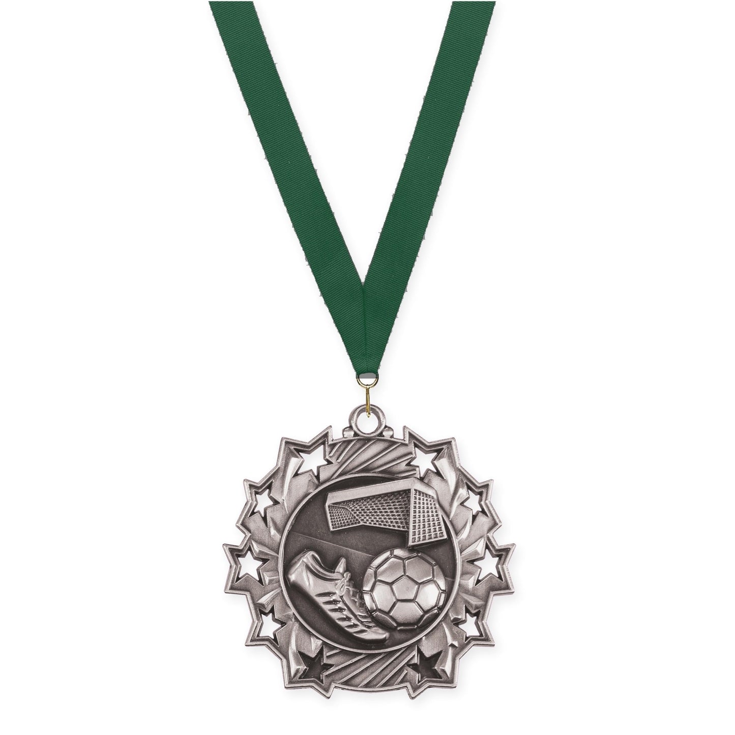 2 1/4 inch soccer Ten Star medal in antique silver with Hunter Green neck ribbon