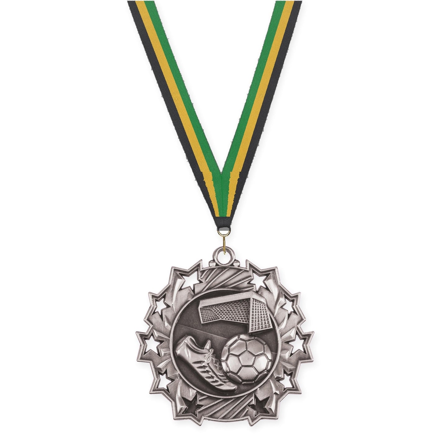 2 1/4 inch soccer Ten Star medal in antique silver with Black Gold Green neck ribbon