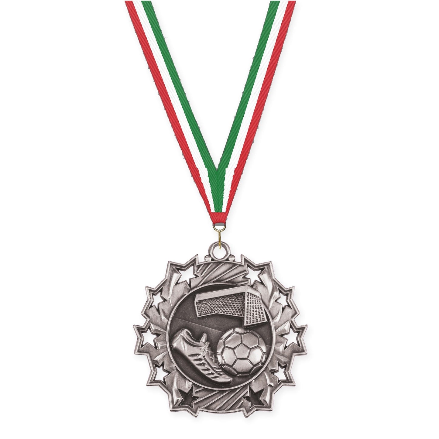2 1/4 inch soccer Ten Star medal in antique silver with Red White Green neck ribbon