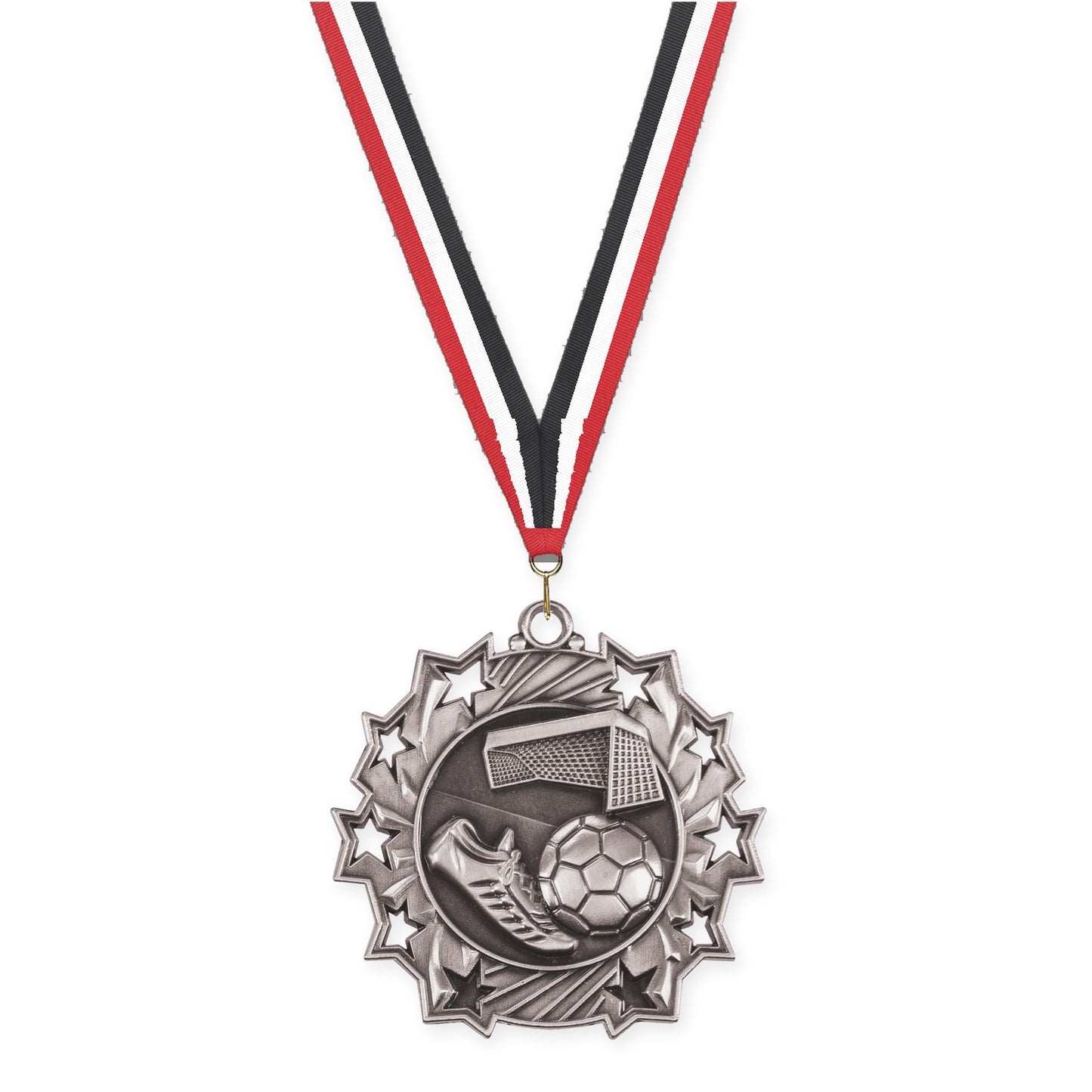 2 1/4 inch soccer Ten Star medal in antique silver with Red White Black neck ribbon
