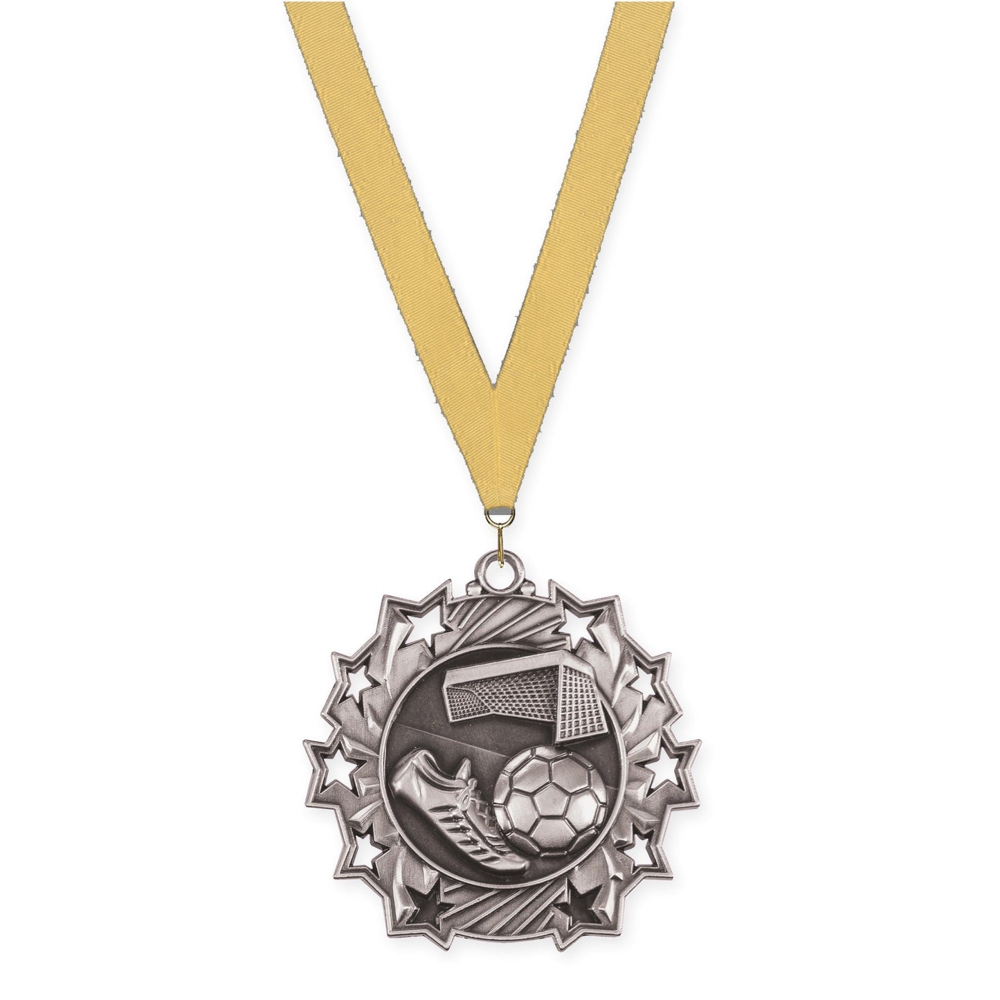 2 1/4 inch soccer Ten Star medal in antique silver with Gold Metallic neck ribbon