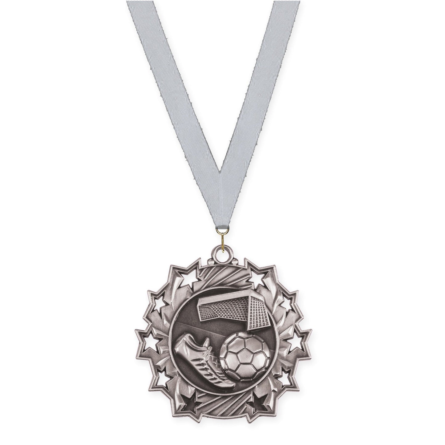 2 1/4 inch soccer Ten Star medal in antique silver with Silver Metallic neck ribbon