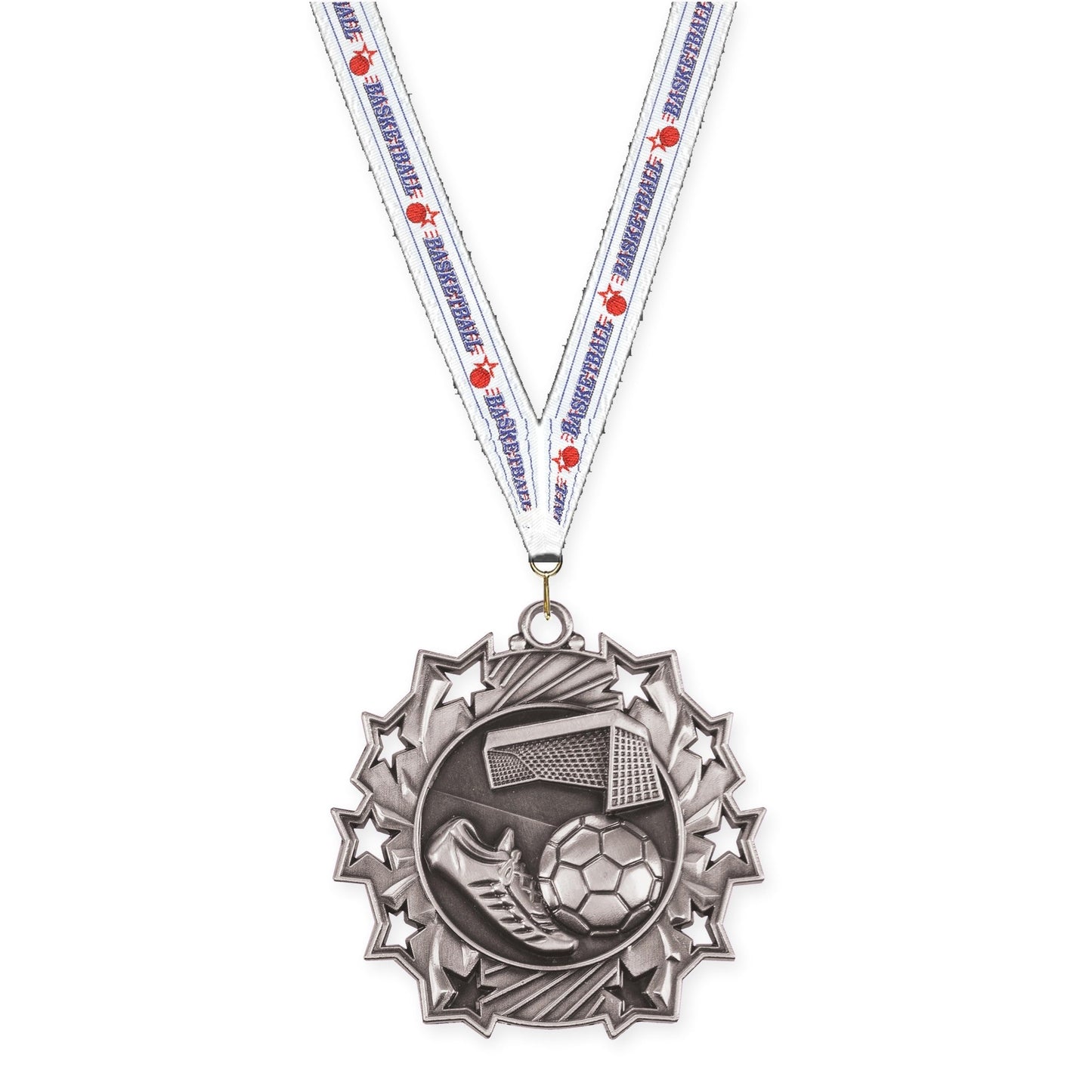 2 1/4 inch soccer Ten Star medal in antique silver with Basketball neck ribbon