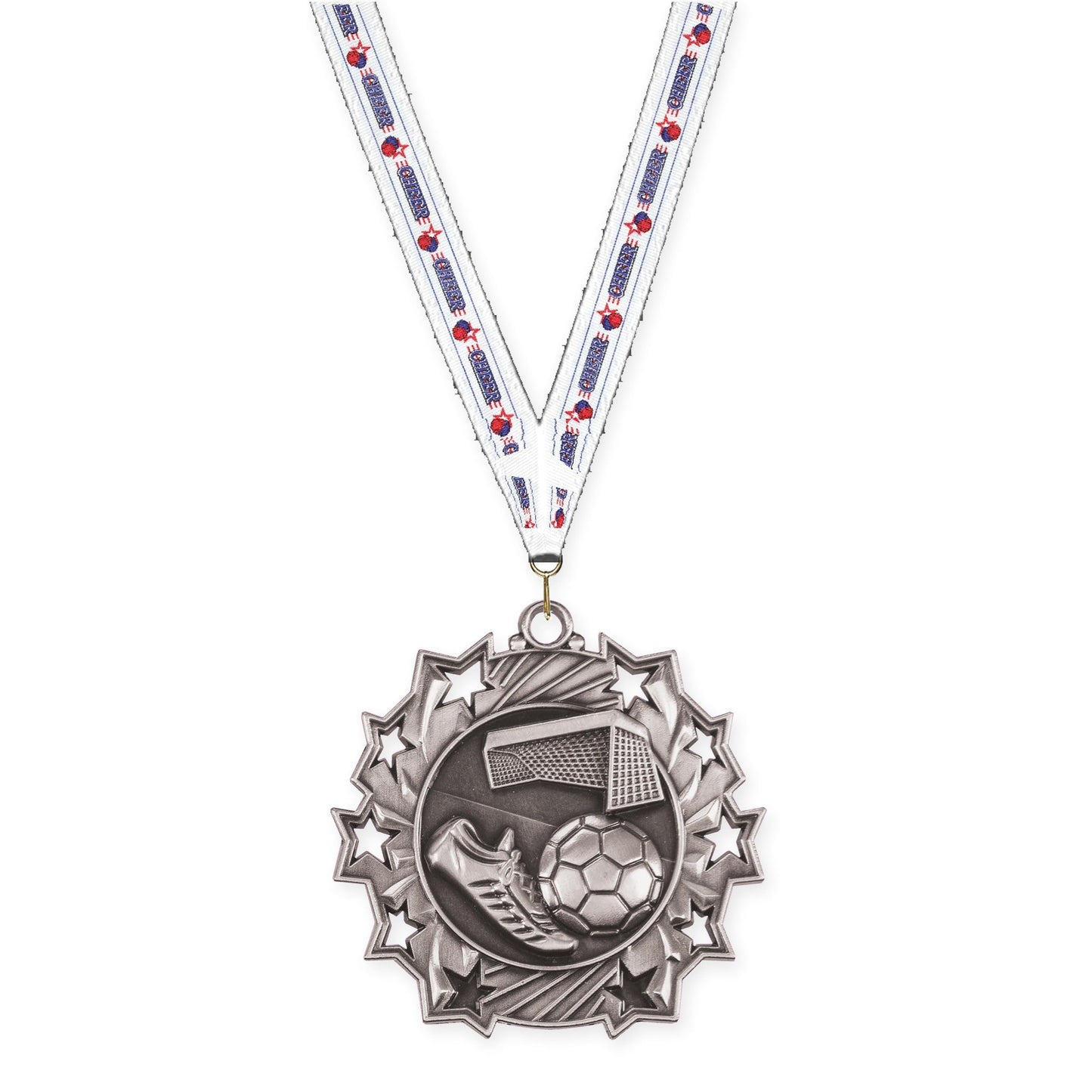 2 1/4 inch soccer Ten Star medal in antique silver with Cheerleading neck ribbon