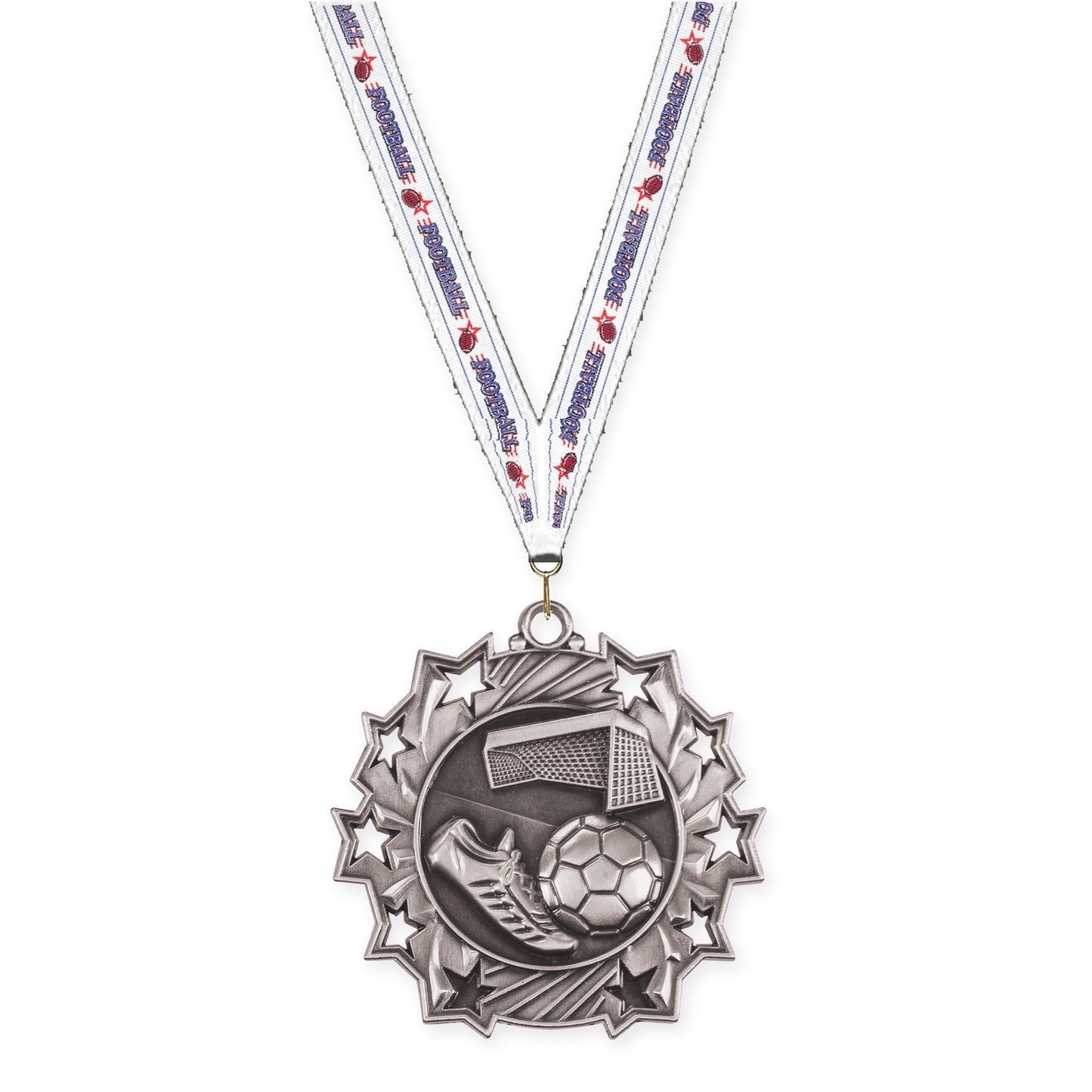 2 1/4 inch soccer Ten Star medal in antique silver with Football neck ribbon