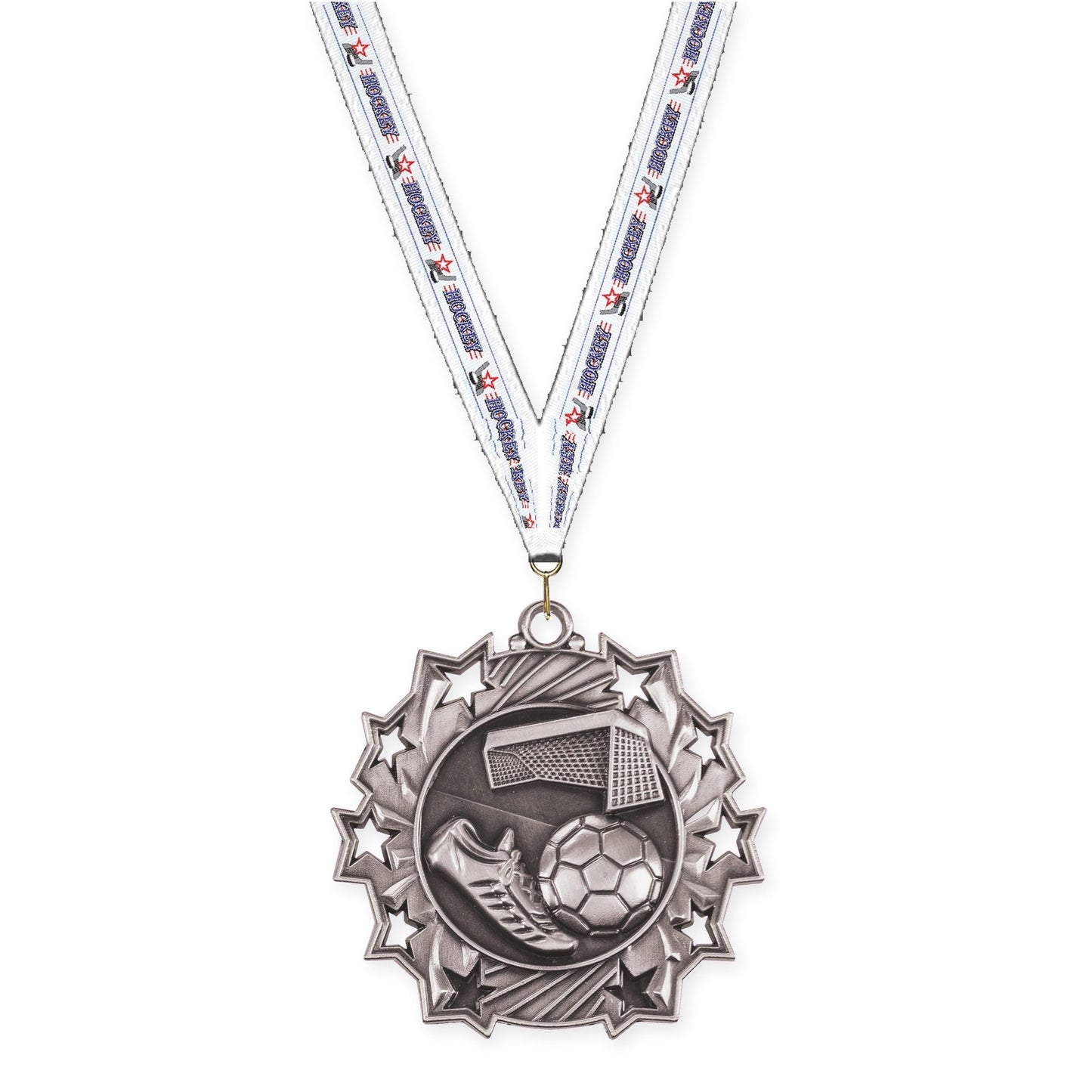 2 1/4 inch soccer Ten Star medal in antique silver with Hockey neck ribbon