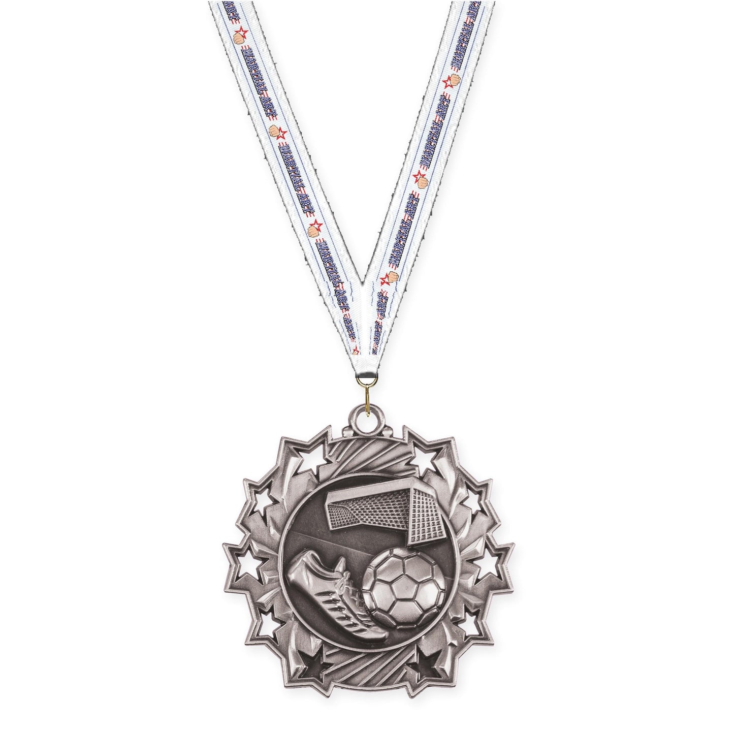 2 1/4 inch soccer Ten Star medal in antique silver with Martial Arts neck ribbon
